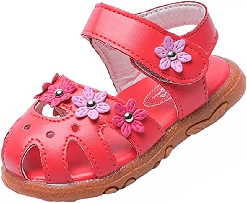 Toddler Little Girl's Summer Soft Closed-Toe Princess Flower Outdoor Casual Sandals for Kid Girl Lightweight Anti-Slip Leather Flats