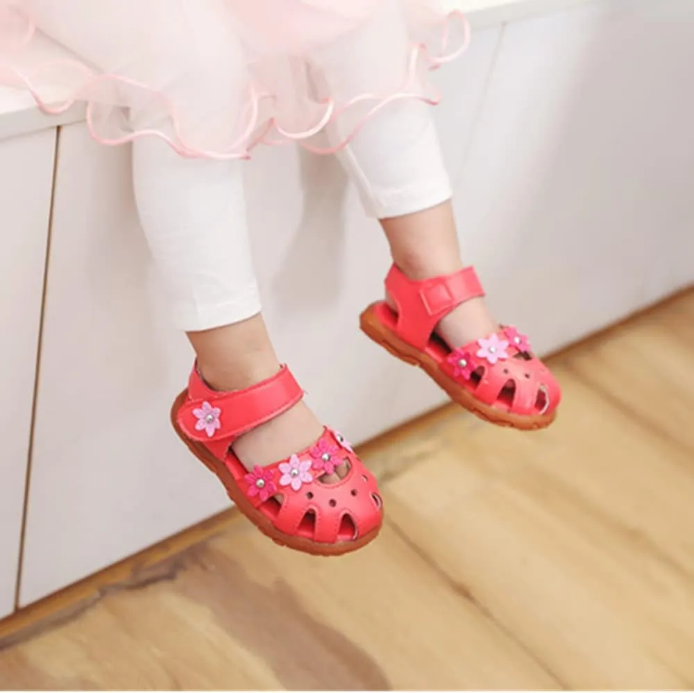 Toddler Little Girl's Summer Soft Closed-Toe Princess Flower Outdoor Casual Sandals for Kid Girl Lightweight Anti-Slip Leather Flats