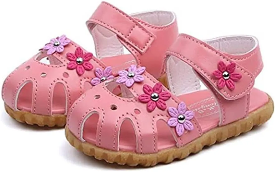 Toddler Little Girl's Summer Soft Closed-Toe Princess Flower Outdoor Casual Sandals for Kid Girl Lightweight Anti-Slip Leather Flats