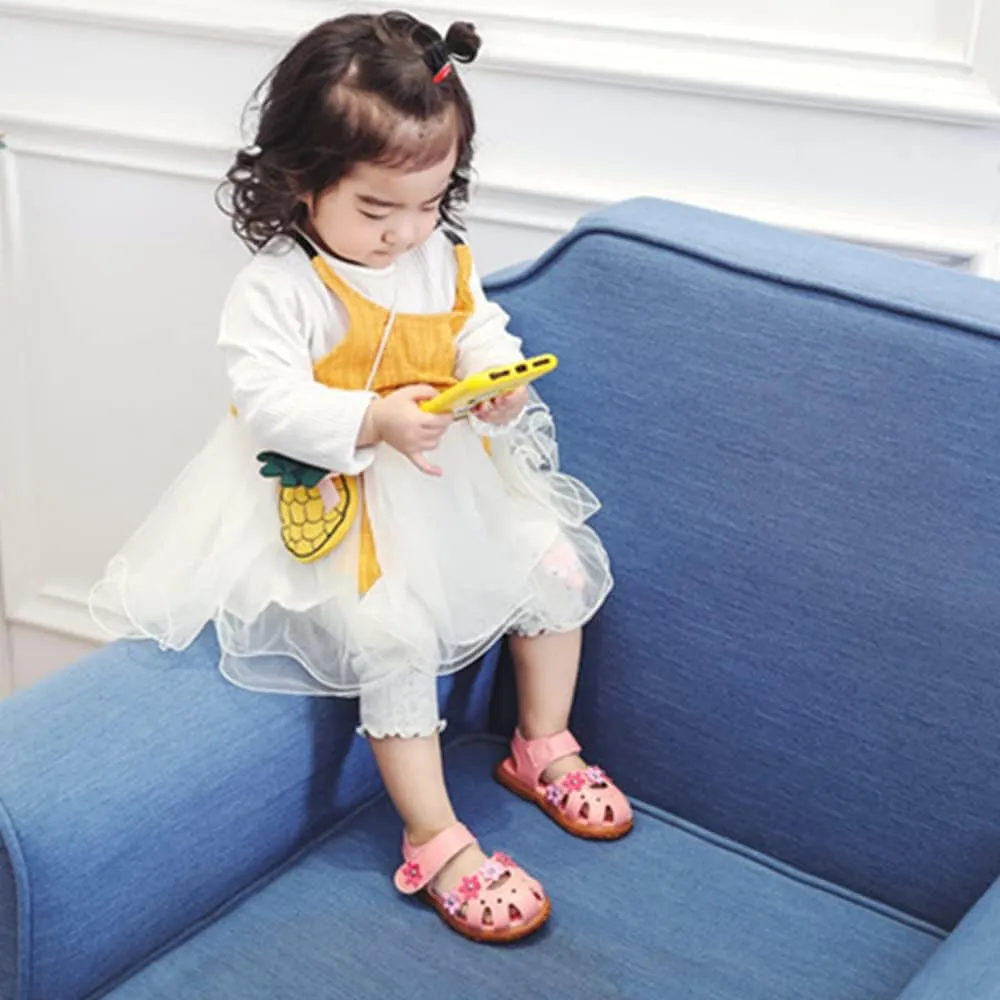 Toddler Little Girl's Summer Soft Closed-Toe Princess Flower Outdoor Casual Sandals for Kid Girl Lightweight Anti-Slip Leather Flats