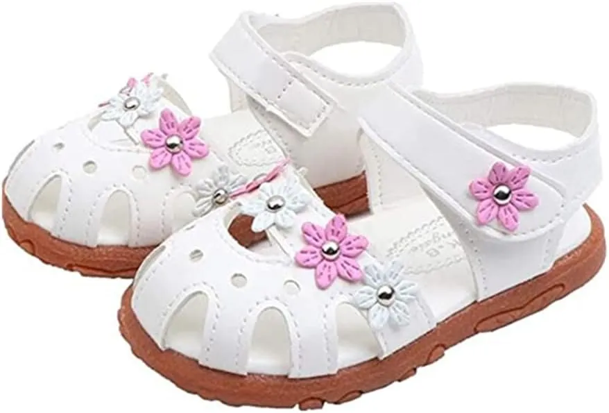 Toddler Little Girl's Summer Soft Closed-Toe Princess Flower Outdoor Casual Sandals for Kid Girl Lightweight Anti-Slip Leather Flats