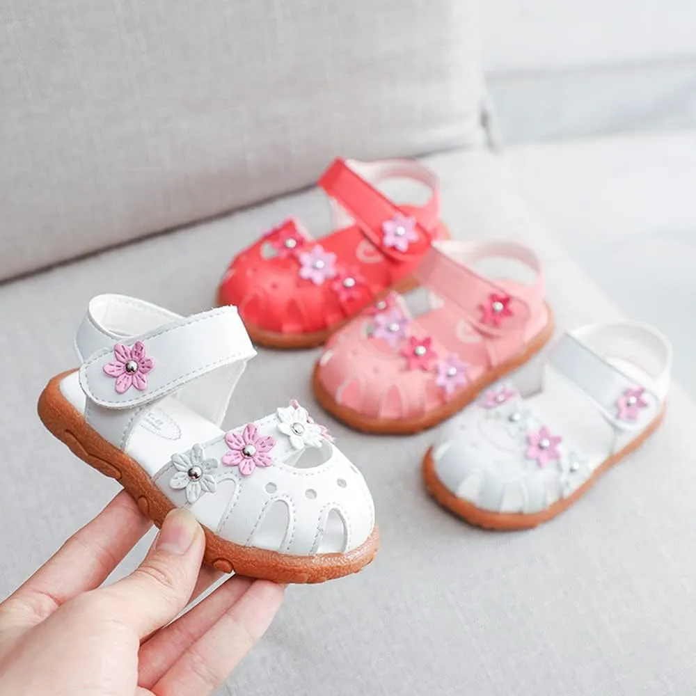Toddler Little Girl's Summer Soft Closed-Toe Princess Flower Outdoor Casual Sandals for Kid Girl Lightweight Anti-Slip Leather Flats