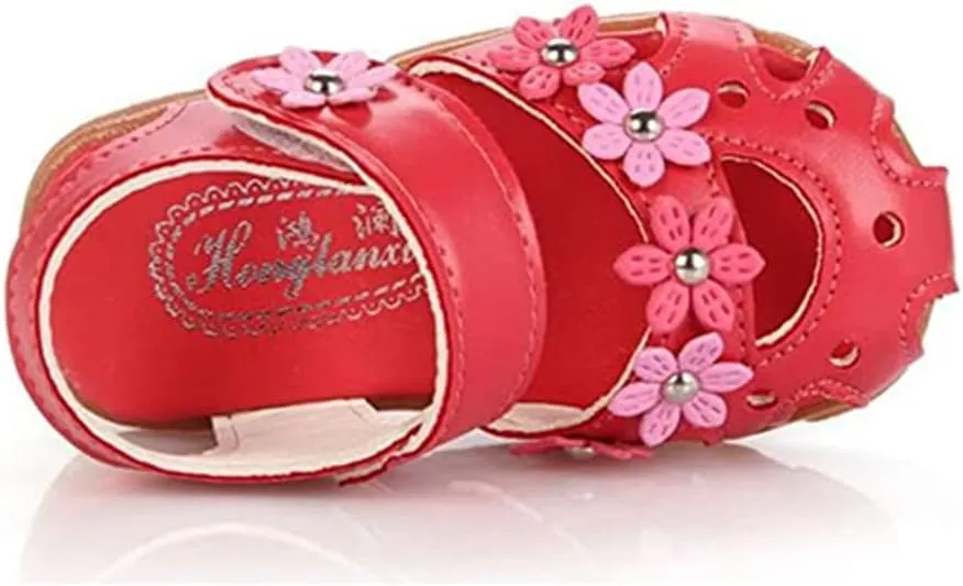Toddler Little Girl's Summer Soft Closed-Toe Princess Flower Outdoor Casual Sandals for Kid Girl Lightweight Anti-Slip Leather Flats