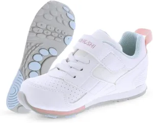 TSUKIHOSHI Racer Baby and Toddler Shoes - Strap-Closure Machine-Washable Baby Shoes with Wide Toe Box & Slip-Resistant, Non-Marking Outsoles, White/Pink - 4 Infant (0-12) Months
