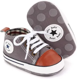 Unisex Baby Soft Sole Sneakers, Canvas Denim High Top, Newborn Infant First Walkers