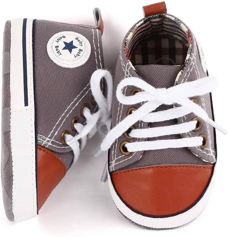 Unisex Baby Soft Sole Sneakers, Canvas Denim High Top, Newborn Infant First Walkers