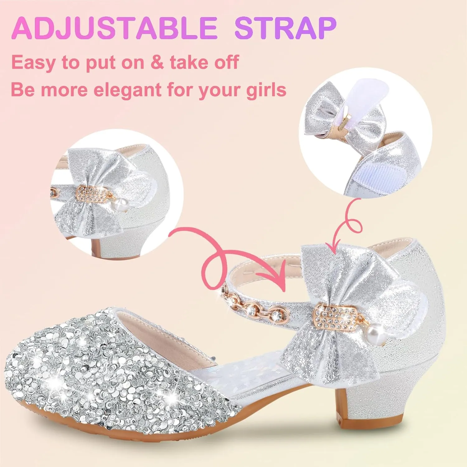 ZGDG Girls Dress Shoes Low Heel Princess Flats Mary Jane Flower Glitter Shoes Wedding Birthday Party Prom Sequins Sandals for Toddler Little Big Kids