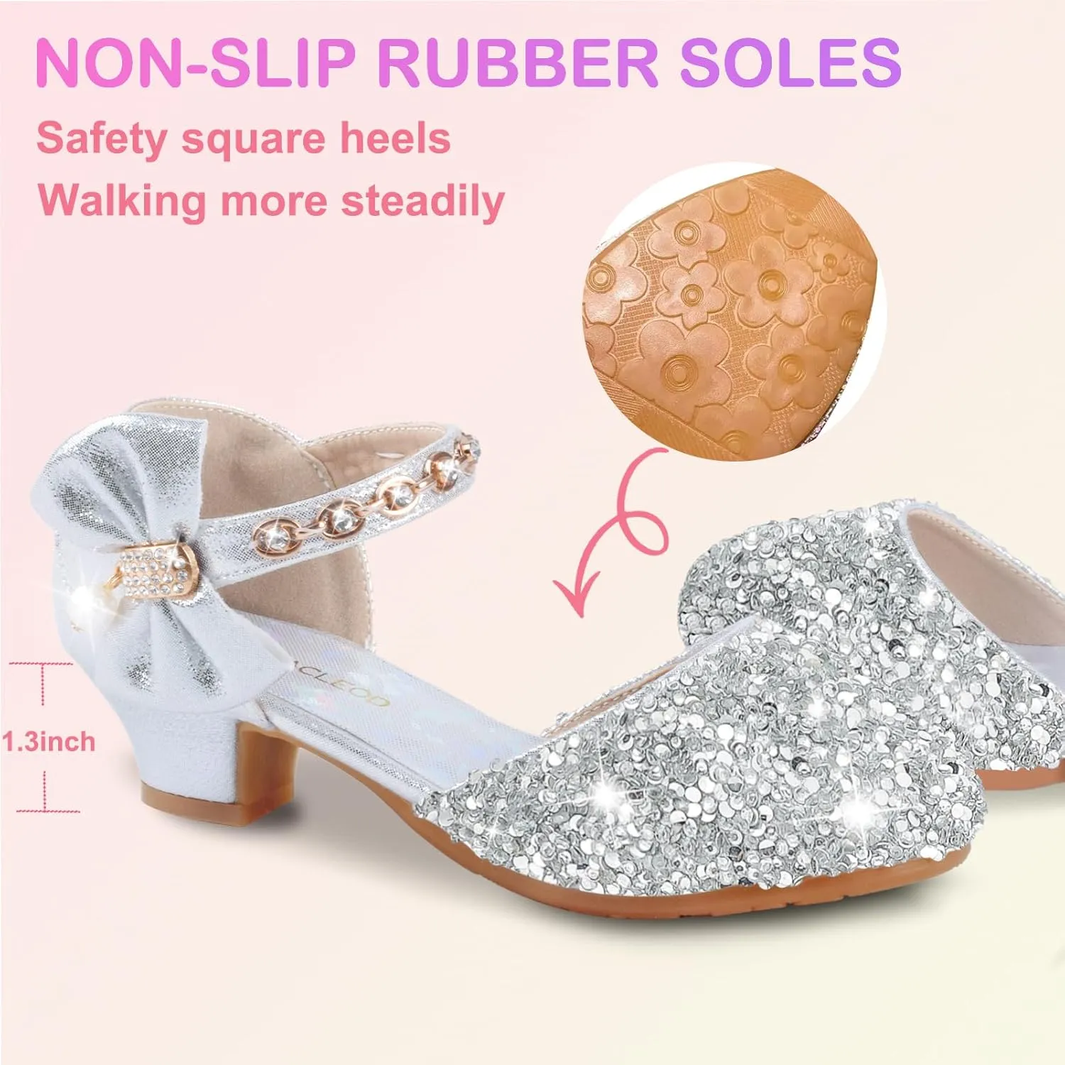 ZGDG Girls Dress Shoes Low Heel Princess Flats Mary Jane Flower Glitter Shoes Wedding Birthday Party Prom Sequins Sandals for Toddler Little Big Kids