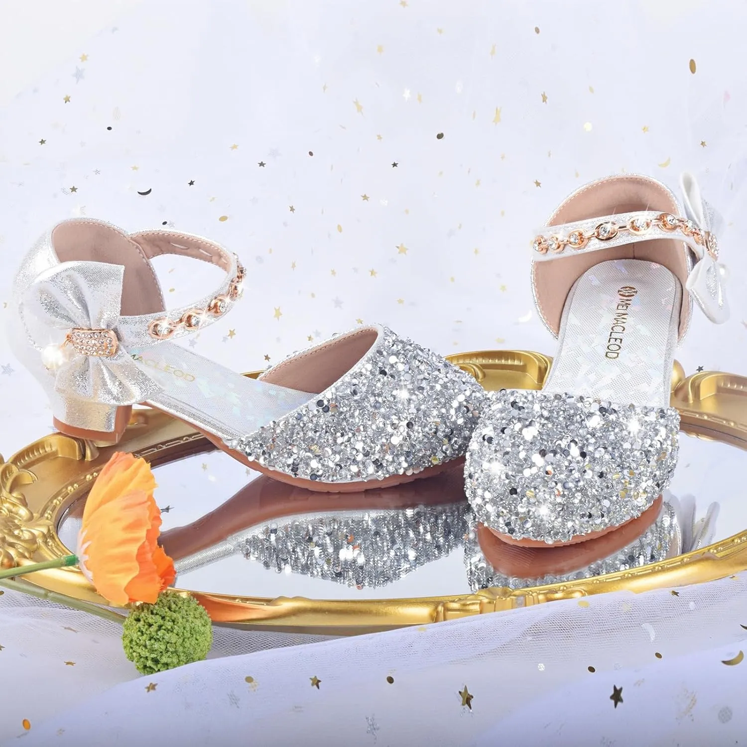ZGDG Girls Dress Shoes Low Heel Princess Flats Mary Jane Flower Glitter Shoes Wedding Birthday Party Prom Sequins Sandals for Toddler Little Big Kids