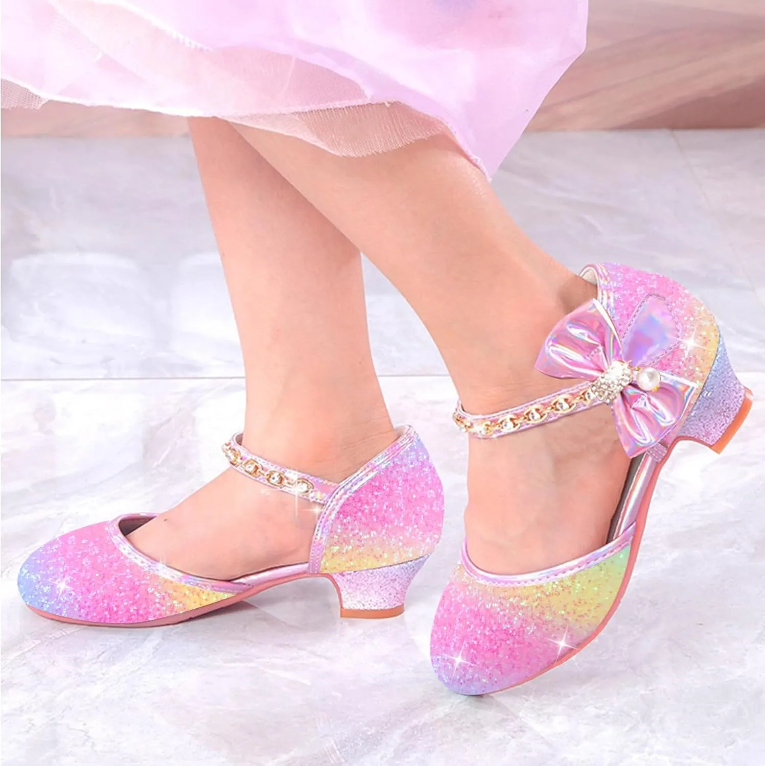 ZGDG Girls Dress Shoes Low Heel Princess Flats Mary Jane Flower Glitter Shoes Wedding Birthday Party Prom Sequins Sandals for Toddler Little Big Kids