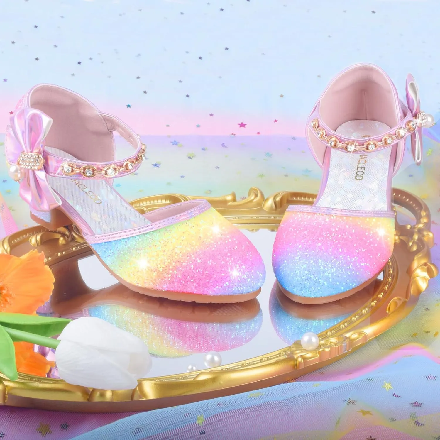 ZGDG Girls Dress Shoes Low Heel Princess Flats Mary Jane Flower Glitter Shoes Wedding Birthday Party Prom Sequins Sandals for Toddler Little Big Kids