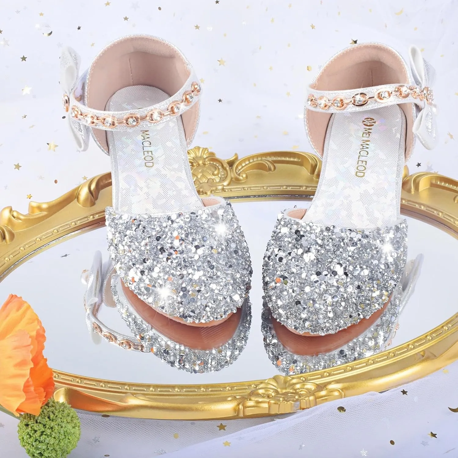 ZGDG Girls Dress Shoes Low Heel Princess Flats Mary Jane Flower Glitter Shoes Wedding Birthday Party Prom Sequins Sandals for Toddler Little Big Kids